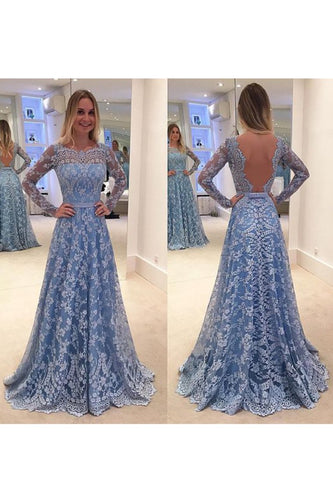 2024 Scoop Long Sleeves Lace With Sash A Line Sweep Train Prom Dresses