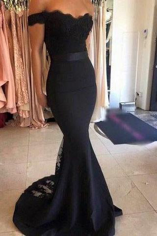 Black Long Prom Dresses Mermaid Off the Shoulder with Sash Prom Gowns Bridesmaid Dresses RS68