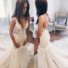 Load image into Gallery viewer, Beautiful Lace Tulle V-Neck Mermaid Ivory Sexy Sleeveless Wedding Dresses RS293