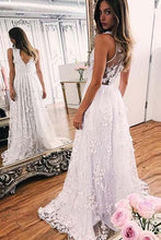 Load image into Gallery viewer, Sweep train A-line Ivory Lace V-neck Appliques Sleeveless Evening Dress Prom Dresses RS849