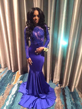 Load image into Gallery viewer, 2024 Blue Sexy Appliques Long Sleeve Open Back High Neck Mermaid Prom Dresses RS735