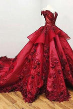 Load image into Gallery viewer, 2024 Chic Ball Gown V Neck Beads Appliques Red Off-the-Shoulder Long Prom Dresses RS139