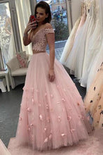 Load image into Gallery viewer, 3D Floral Junior Off the Shoulder Prom Dresses Lace Two Piece Pink Lace Prom Gowns P1116