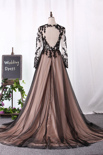 2024 Evening Dresses Scoop Long Sleeves A Line Tulle With Applique And Slit