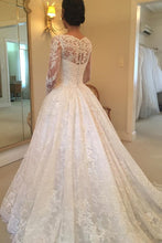 Load image into Gallery viewer, 2024 Long Sleeves Scoop Tulle With Applique A Line Court Train Wedding Dresses