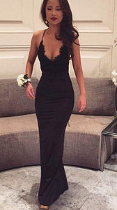 Sexy Black Lace Spaghetti Straps V-Neck Sleeveless Mermaid Prom Dresses For Teens RS840