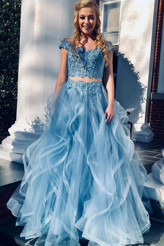 A Line Blue Lace Off the Shoulder Tulle Ruffled Beaded Two Piece Prom Dresses RS406
