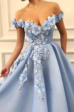 Load image into Gallery viewer, A Line Blue Off the Shoulder Tulle Lace Sweetheart 3D Flowers Prom Dresses Formal Dress RS464