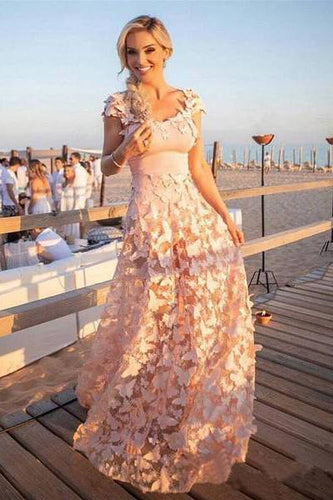 A Line Blush Pink 3D Butterfly Sweetheart Lace Long Prom Dresses with Cap Sleeve RS451