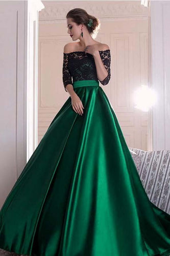 A Line Dark Green Satin Off the Shoulder 3/4 Sleeves Ruffles Lace Prom Dresses RS399