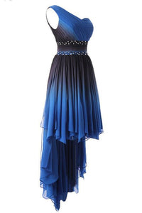 A Line One Shoulder Ombre Chiffon Blue Ruffles Prom Dresses Homecoming Dresses RS875