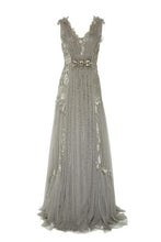 Load image into Gallery viewer, A Line V Neck Ruffles Tulle Gray Prom Dresses Long Sequins Evening Dresses RS580