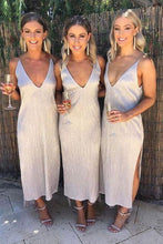 Load image into Gallery viewer, A line Ankle Length Deep V Neck Bridesmaid Dresses with Side Slit Wedding Party Dress RS913