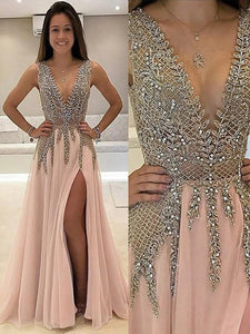 A line Tulle V Neck Pink Prom Dresses Long Backless Evening Dresses RS588
