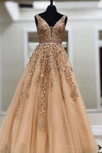 Load image into Gallery viewer, Ball Gown Gold Lace Long Prom Dresses with Appliques V Neck Tulle Evening Dresses RS589