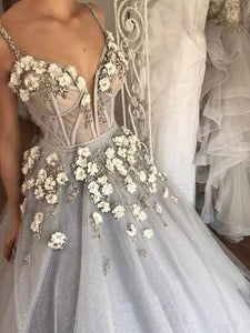 Ball Gown Spaghetti Straps V Neck Silver 3D Floral Beads Prom Dresses Dance Dresses RS717