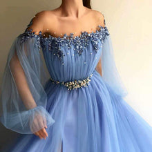 Load image into Gallery viewer, Blue Long Sleeve Tulle Prom Dresses with High Split Beaded Crystal Evening Dresses RS740