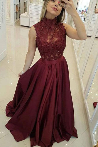 Burgundy High Neck Lace Prom Dresses Beads Satin Long Cheap Party Dresses RS573