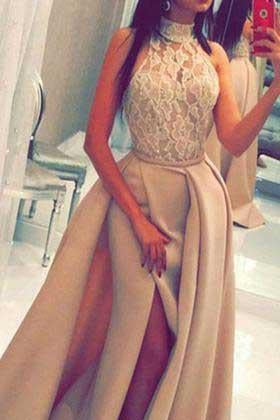 A line Lace Slit High Neck Sleeveless Floor-Length Long Prom Dresses RS811