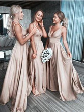 Load image into Gallery viewer, Chic Burgundy Deep V Neck Bridesmaid Dress A Line Sleeveless Backless Prom Dresses BD1009