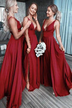 Load image into Gallery viewer, Chic Burgundy Deep V Neck Bridesmaid Dress A Line Sleeveless Backless Prom Dresses BD1009