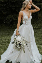Load image into Gallery viewer, Chic V Neck Ivory Lace Appliques V Back Wedding Dresses with Appliques Lace up W1017