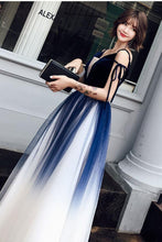 Load image into Gallery viewer, Cute Blue Ombre Long Tulle Prom Dress Unique V Neck Sleeveless Dance Dresses RS906