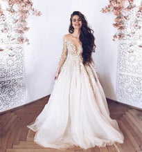 Load image into Gallery viewer, Elegant Illusion Neck Long Sleeves Tulle Wedding Dress with Appliques Bridal Dress RS633
