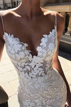 Load image into Gallery viewer, Elegant Mermaid Spaghetti Straps Lace V Neck Ivory Wedding Dresses Bridal Dresses RS776