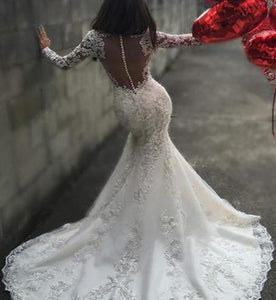 Sexy White Yarn Button Back Long Sleeve Lace Mermaid Charming Chapel Trailing Wedding Dress RS171