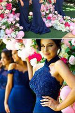 Load image into Gallery viewer, Stylish Halter Open Back Mermaid Navy Blue Bridesmaid Dress with Lace Beading RS613