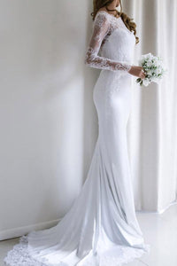 Elegant Lace Long Sleeves Mermaid Backless White Long Wedding Dress with Train RS164