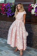 Load image into Gallery viewer, Elegant Scoop A Line Cap Sleeve Pink Homecoming Dresses with Flowers Prom Dresses H1094
