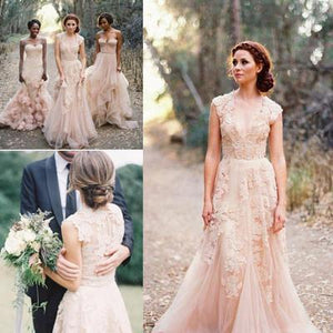 Long Tulle Vintage Romantic Unique Cap Sleeve Pink A-Line Appliques Wedding Dresses RS88