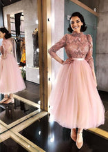Load image into Gallery viewer, Long Sleeve Pink High Neck Ankle Length Homecoming Dresses Beads Tulle Short Dress H1102