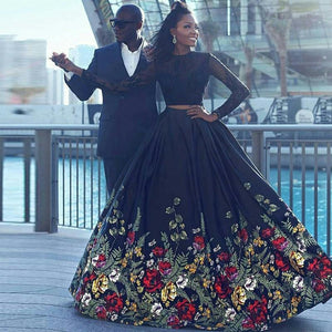 Long Sleeve Two Piece Black Floral Prom Dress with Beading Lace Evening Dresses RS757
