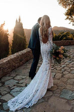 Load image into Gallery viewer, Mermaid Long Sleeve Lace Beach Wedding Dresses Backless V Neck Boho Wedding Gowns W1064