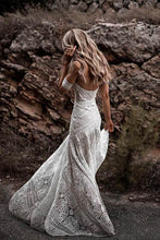 Load image into Gallery viewer, Unique Mermaid Off the Shoulder Straps Ivory Lace Beach Wedding Dress Bridal Dresses RS829