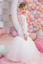 Load image into Gallery viewer, Mermaid White Long Sleeves Lace Tulle Beaded Jewel Neck Flower Girl Dresses PW549 