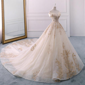 Off the Shoulder Ball Gown Sweetheart Wedding Dress Long Appliques Bridal Dress RS619