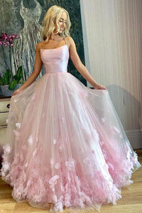 Princess Pink Spaghetti Straps Prom Dresses Scoop Long Cheap Dance Dress with Flowers P1058
