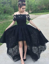 Load image into Gallery viewer, Vintage A-Line Off the Shoulder Black Lace High Low Short Sleeve Prom Homecoming Dresses RS80