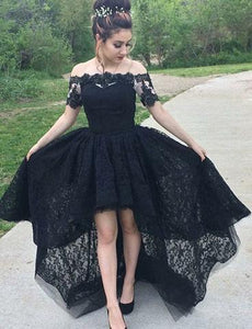 Vintage A-Line Off the Shoulder Black Lace High Low Short Sleeve Prom Homecoming Dresses RS80