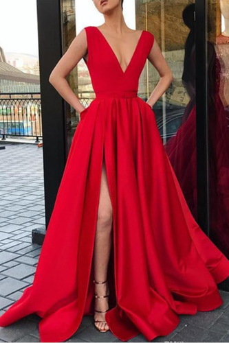 Red A Line Deep V Neck Split Prom Dresses with Pockets Strap High Slit Evening Dress RS481