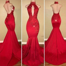Load image into Gallery viewer, Red Mermaid High Neck Backless Satin Prom Dresses Long Cheap Evening Dresses RS909