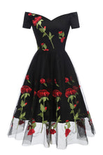 Load image into Gallery viewer, Retro Off the Shoulder V Neck Tulle Black Short Sleeve Party Dress with Red Flowers H1195