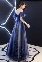 Load image into Gallery viewer, Romantic Scoop Lace up Prom Dresses Blue Floor Length Evening Dresses with Tulle P1052