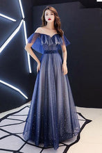 Load image into Gallery viewer, Romantic Scoop Lace up Prom Dresses Blue Floor Length Evening Dresses with Tulle P1052