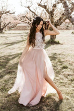 Load image into Gallery viewer, Round Neck Tulle Two Piece Pink Boho Wedding Dresses with Slit Beach Wedding Dress W1094