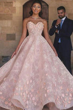 Load image into Gallery viewer, Princess Sexy A-Line Sweetheart Strapless Pink Beaded Lace Prom Dress with Appliques RS801